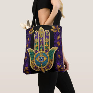Bolsa Tote Arte Hamsas Dourado Roxo Verde do Mardi Gras