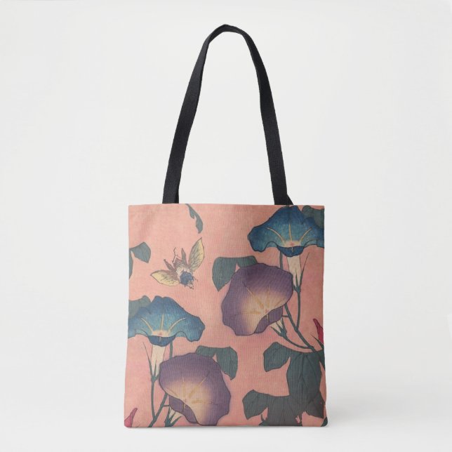 Bolsa Tote Arte Hokusai Clássica de Flor Rosa (Frente)