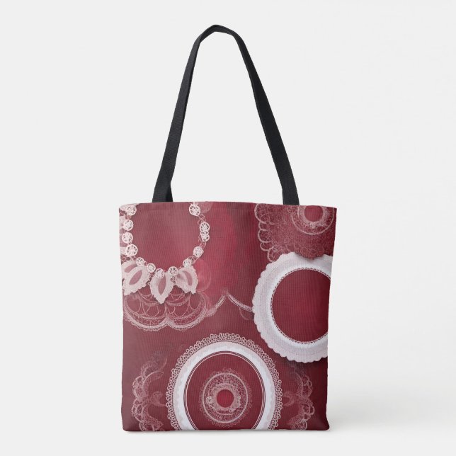 Bolsa Tote Arte IA do Lace Floral Vermelho Escuro (Verso)