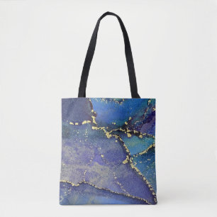 Bolsa Tote Arte Líquido Abstrato Roxo Azul Turquesa e Dourado
