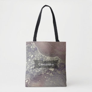 Bolsa Tote Arte Líquido Abstrato Roxo e Prateado Empoeirado