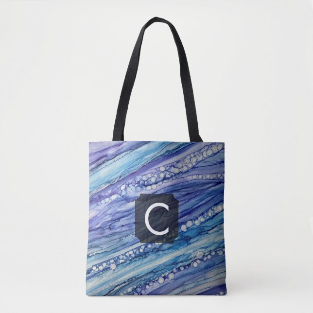 Bolsa Tote Arte Líquido Abstrato Roxo, Turquesa e Azul (Frente)