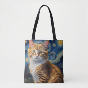 Bolsa Tote Arte noturna estrelada com um gato