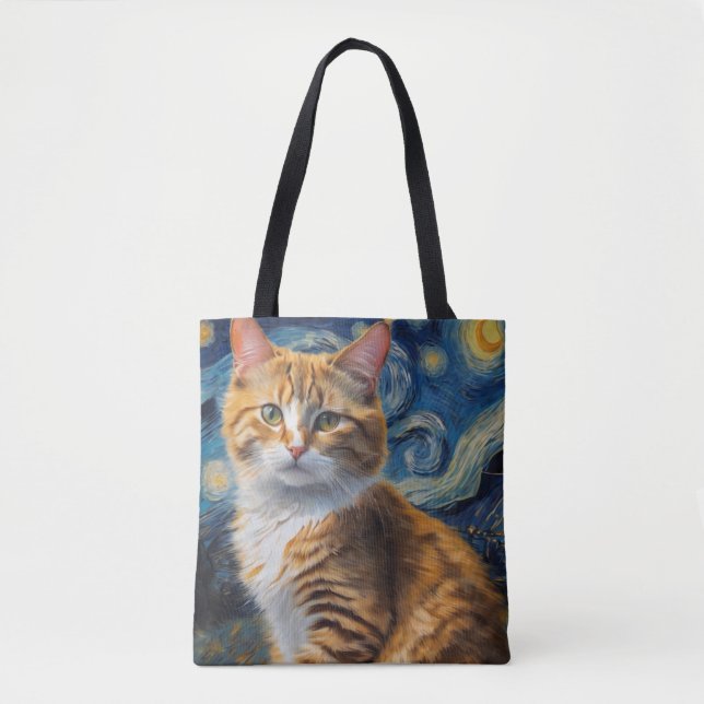 Bolsa Tote Arte noturna estrelada com um gato (Frente)