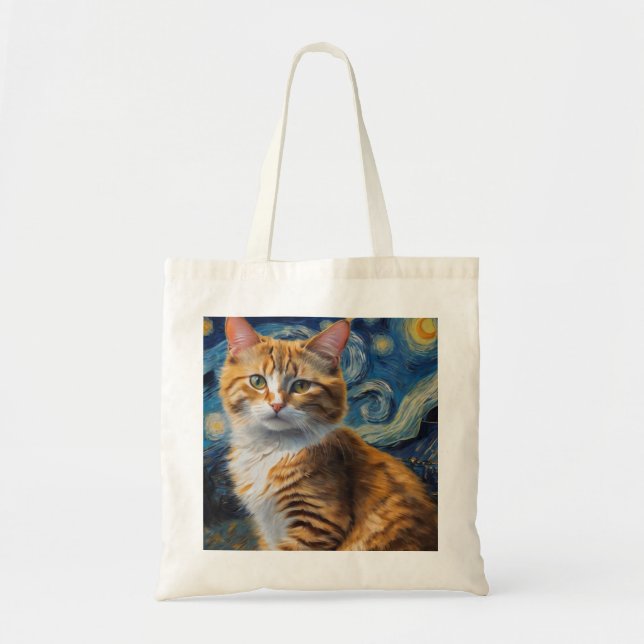 Bolsa Tote Arte noturna estrelada com um gato (Frente)