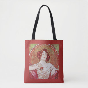 Bolsa Tote Arte Nova Vermelho Antigo Alphonse Mucha Dama Rubi