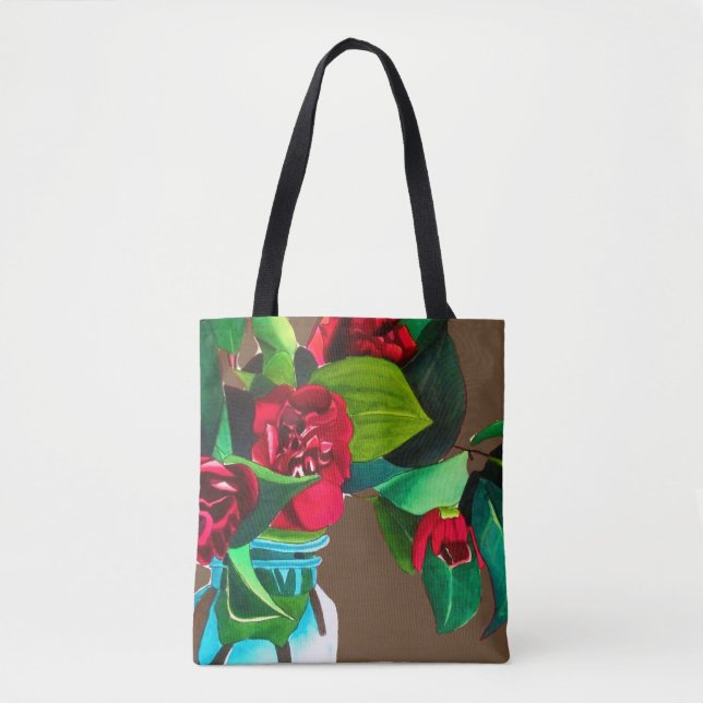 Bolsa Tote Arte original vermelha camellia flores aquarela (Frente)