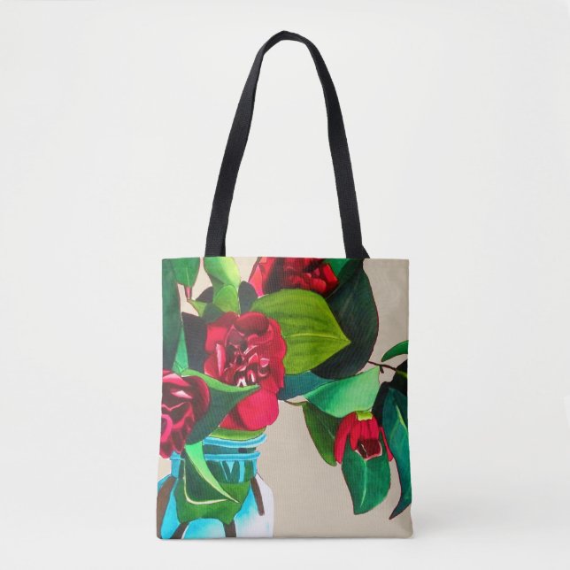 Bolsa Tote Arte original vermelha camellia flores aquarela (Frente)