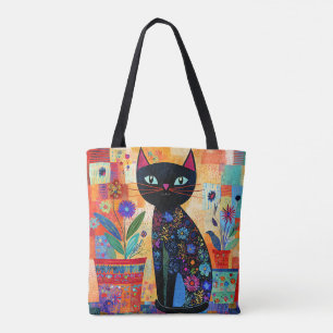 Bolsa Tote Arte Popular de Gato Preto (Plantas em Vasos)