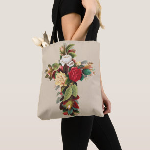 Bolsa Tote Arte Religiosa Cruz Botânica Antiga de Rosas