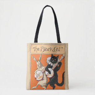 Bolsa Tote Arte Retro Laranja Gato Preto Coelho Branco Banjo