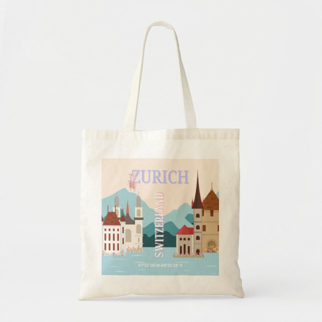 Bolsa Tote Arte Viagem de Zurique, Arte Viagem de Suiça, Retr (Frente)