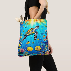 Bolsa Tote Arte Vibrante de Recife de Tartaruga Marinha