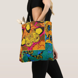 Bolsa Tote Arte Vibrante Maximalista de Borboleta Rosa e Turq