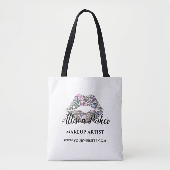 Bolsa Tote Artista de Maquiagem Brilho Prateado Beijo Lábios  (Frente)