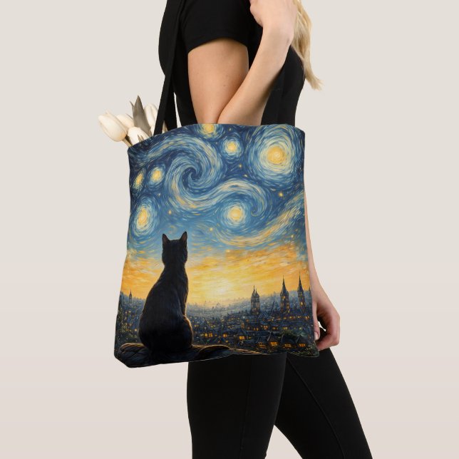Bolsa Tote Artistic Black Cat & Celestial Town Reusable  (Close Up)