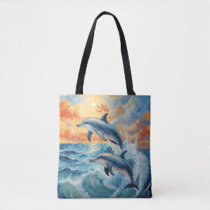 Bolsa Tote Artístico Dois Golfinhos Saltantes Oceano Sunset
