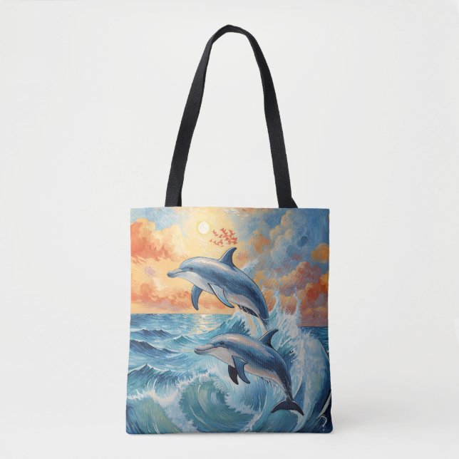 Bolsa Tote Artístico Dois Golfinhos Saltantes Oceano Sunset (Frente)