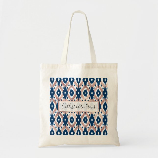 Bolsa Tote Artsy Modern Rosa Dourado Marinho Blue Ikat Geo (Frente)
