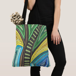 Bolsa Tote Árvore Abstrata Pintada à Mão e Desenho Geométrico