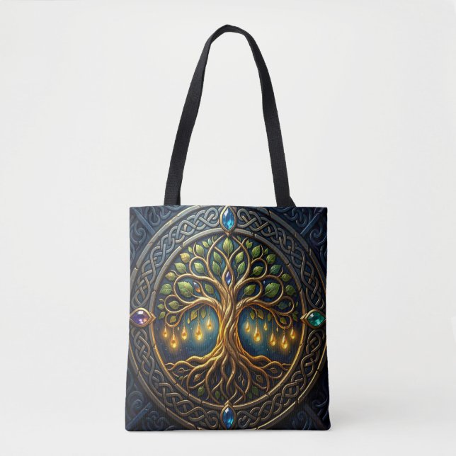 Bolsa Tote Árvore Celestial de Luz Árvore Celta de Ouro da Vi (Frente)