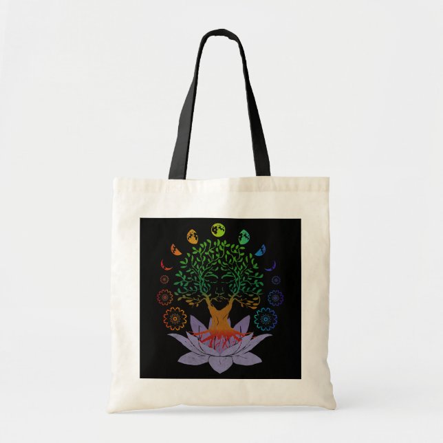 Bolsa Tote árvore da lua de flores de lótus vitalícia sagrada (Frente)