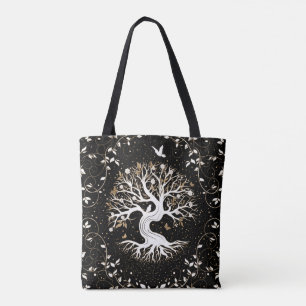 Bolsa Tote Árvore da vida - Yggdrasil - branco preto e ouro