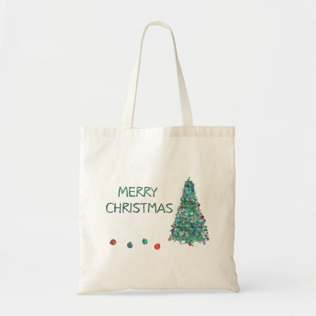 Bolsa Tote Árvore de Aquarela Feliz Natal (Frente)