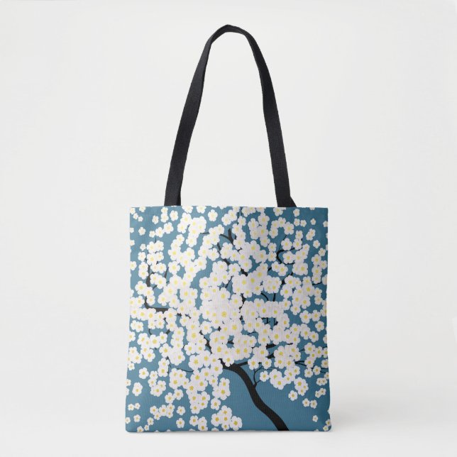 Bolsa Tote Árvore de Arte com Flores Brancas Lindas em Flor (Frente)