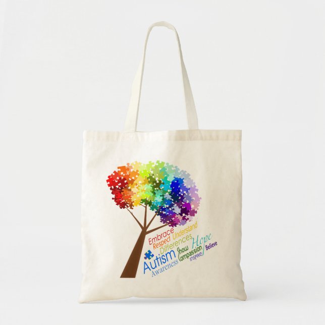 Bolsa Tote Árvore de consciência do autismo com palavras (Frente)