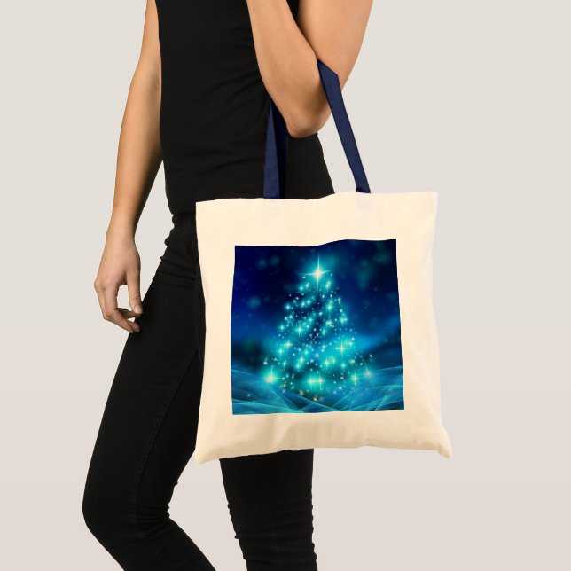 Bolsa Tote Árvore de Natal Azul Moderna Elétrica com Luzes (Frente (produto))