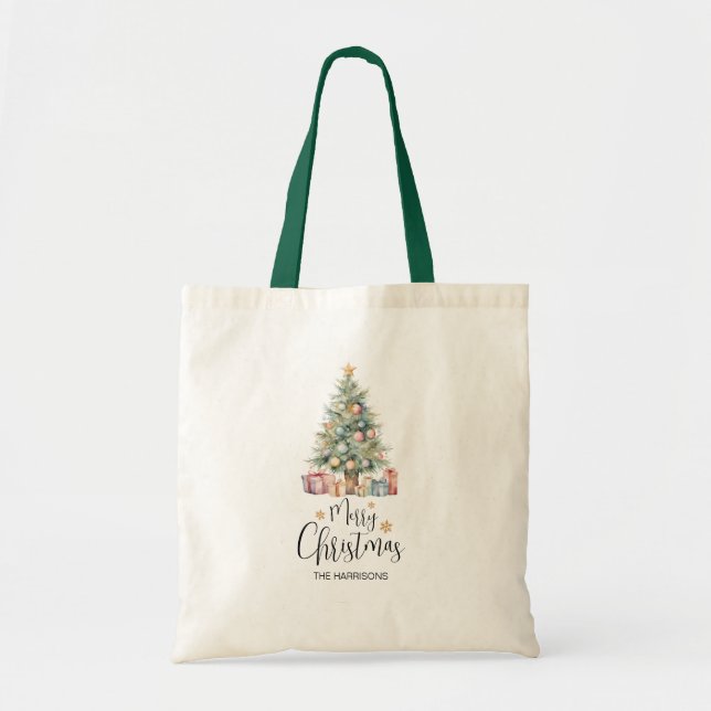 Bolsa Tote Árvore de Natal de Aquarela Elegante Personalizada (Frente)