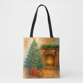 Bolsa Tote Árvore de Natal em Aquarela & Lareira Aconchegante