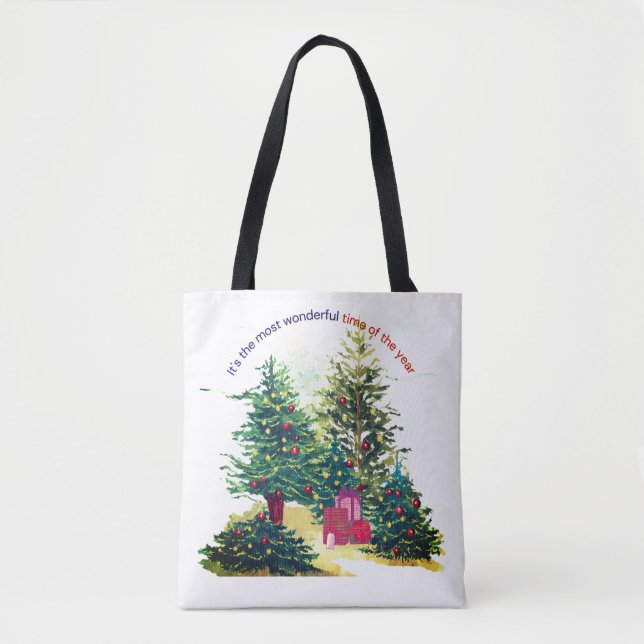 Bolsa Tote Árvore de Natal festiva com presentes (Frente)