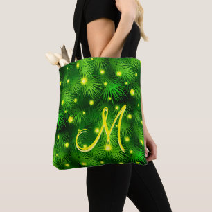 Bolsa Tote Árvore de Natal Luz de Natal Monograma Verde