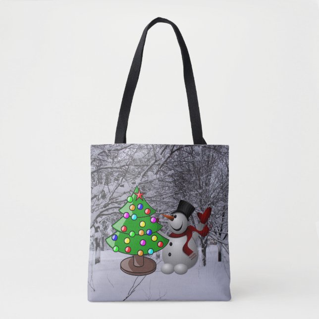 Bolsa Tote Árvore de Natal, Neve, Cena de Neve, Impressão (Frente)