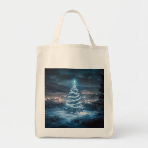 Bolsa Tote Árvore de Natal Noturna Brilhante Azul no Inverno