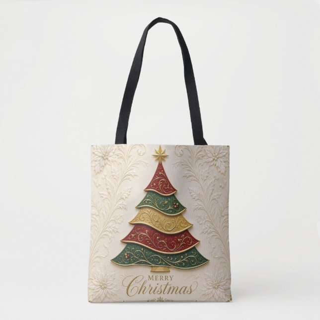 Bolsa Tote Árvore de Natal Ornamentada a Ouro (Frente)