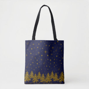 Bolsa Tote Árvore de Natal pouco Dourada, estrelas, neve em
