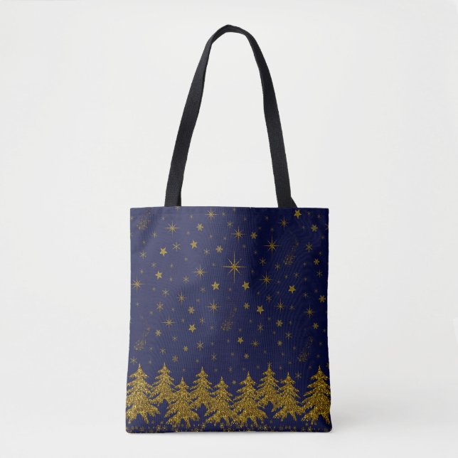 Bolsa Tote Árvore de Natal pouco Dourada, estrelas, neve em a (Frente)
