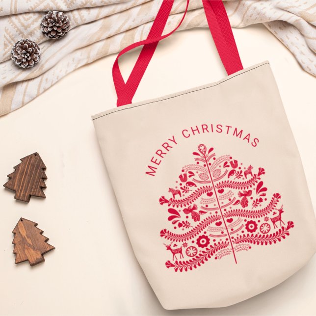Bolsa Tote Árvore de Natal Red Scandinavian Folart (Criador carregado)
