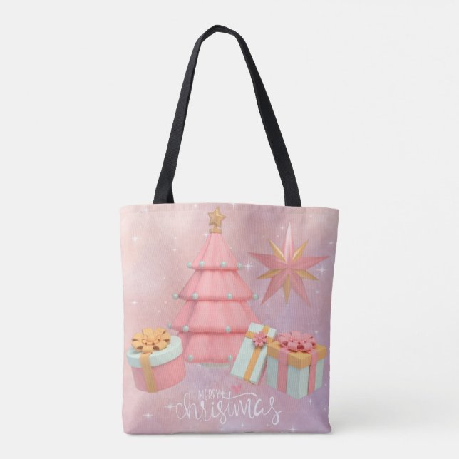 Bolsa Tote Árvore De Natal Rosa E Estrelas Douradas (Verso)