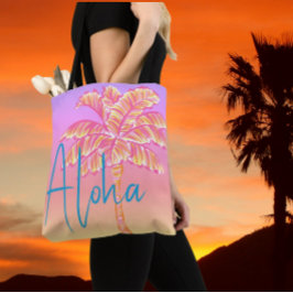 Bolsa Tote Árvore de Palma Rosa Tropical Sunset Aloha ao ar l
