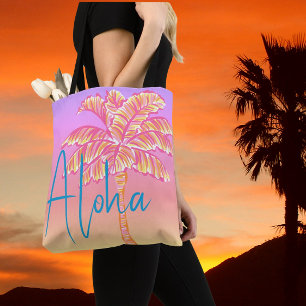 Bolsa Tote Árvore de Palma Rosa Tropical Sunset Aloha ao ar l