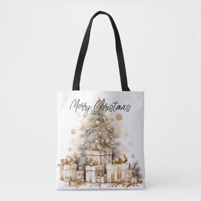 Bolsa Tote Árvore Dourada de Natal Feliz Natal (Frente)