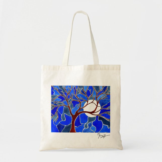 Bolsa Tote Árvore e lua em canvas - azul (Frente)