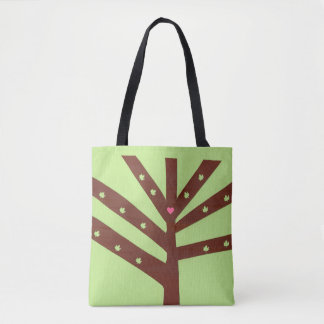 Bolsa Tote Árvore Minimalista com Coração e Folhas Cor-de-Ros
