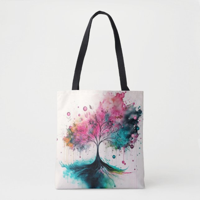 Bolsa Tote Árvore Mística Moderna e Ousada (azul, rosa, laran (Frente)