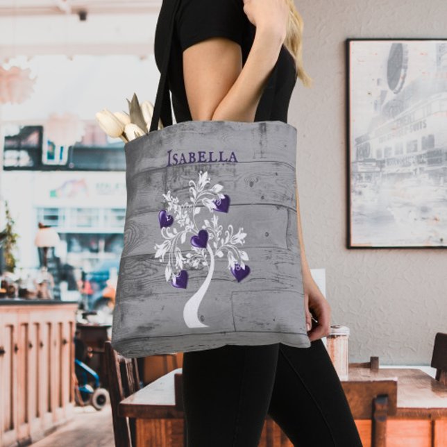 Bolsa Tote Árvore Roxa de Corações Personalizadas Saco de Tot (Purple Tree of Hearts Personalized Tote Bag)