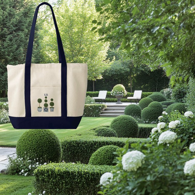 Bolsa Tote Árvore Topiária Monogramada em Lona com Contraste  (Monogram topiary tree garden lover tote bag)